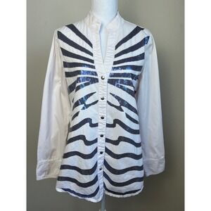 Lafei Nier White Sequin Zebra Print Button Front Shirt Stretch Cotton Size L Y2K